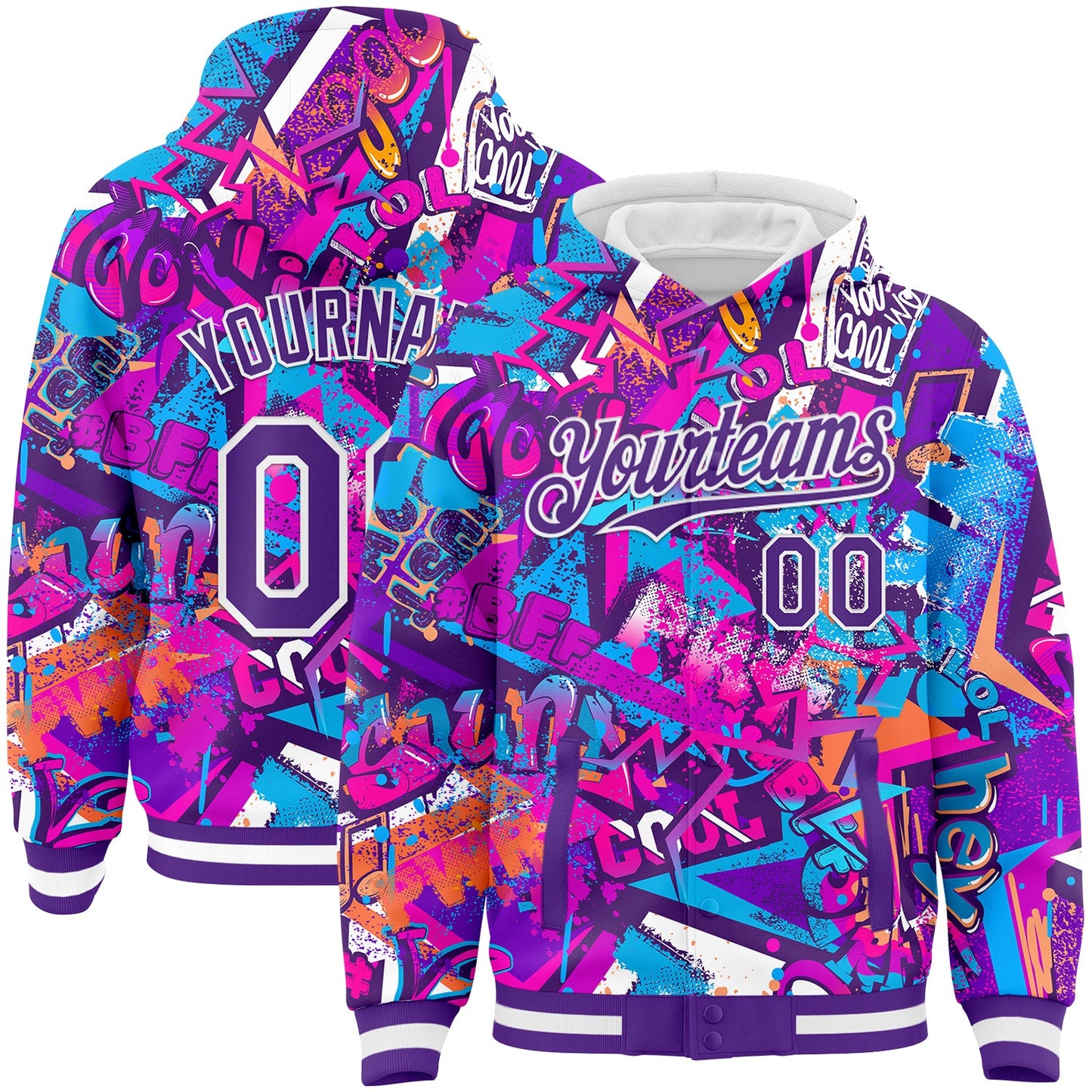 Custom Graffiti Pattern Purple-White Splash 3D Bomber Full-Snap Varsity Letterman Hoodie Jacket - Main View