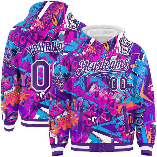 Custom Graffiti Pattern Purple-White Splash 3D Bomber Full-Snap Varsity Letterman Hoodie Jacket - Main View