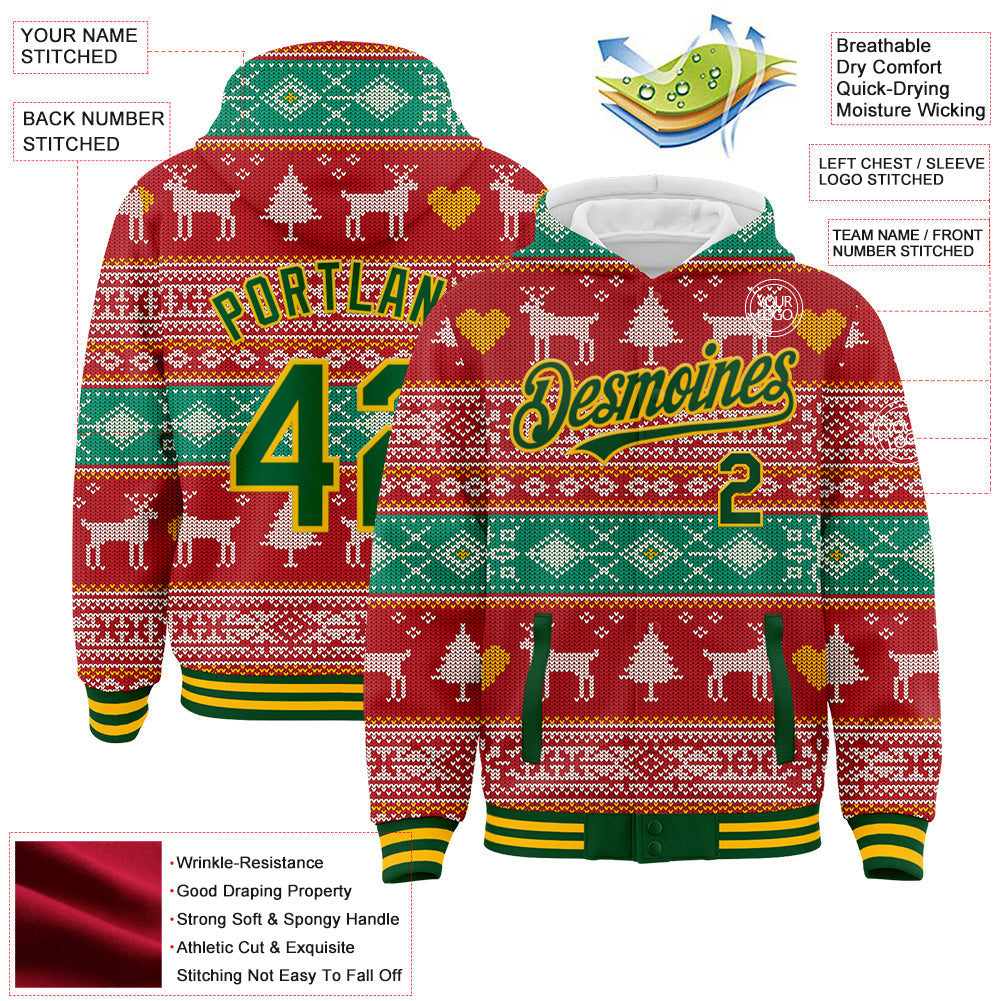 Custom Red Green-Gold Christmas Reindeers 3D Bomber Full-Snap Varsity Letterman Hoodie Jacket view 3