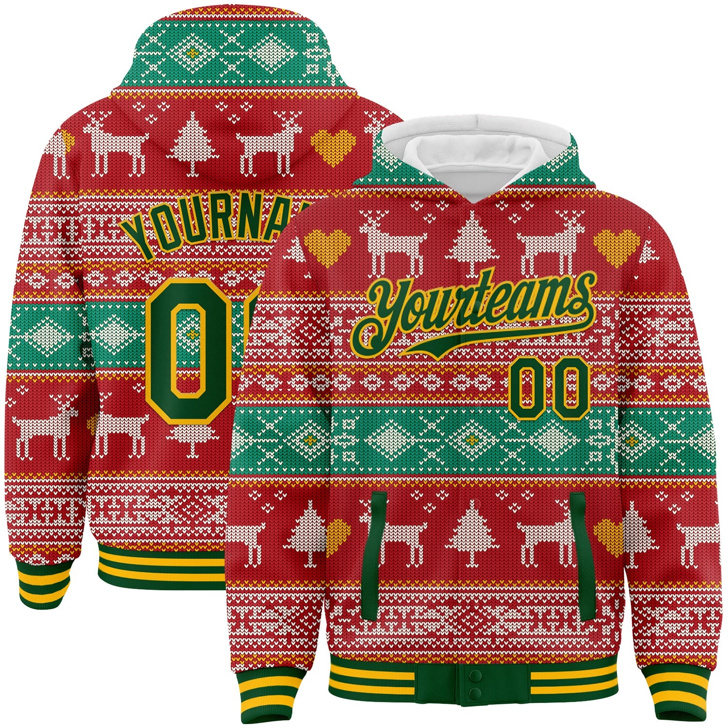 Custom Red Green-Gold Christmas Reindeers 3D Bomber Full-Snap Varsity Letterman Hoodie Jacket - Main View