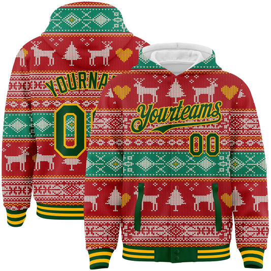 Custom Red Green-Gold Christmas Reindeers 3D Bomber Full-Snap Varsity Letterman Hoodie Jacket - Main View