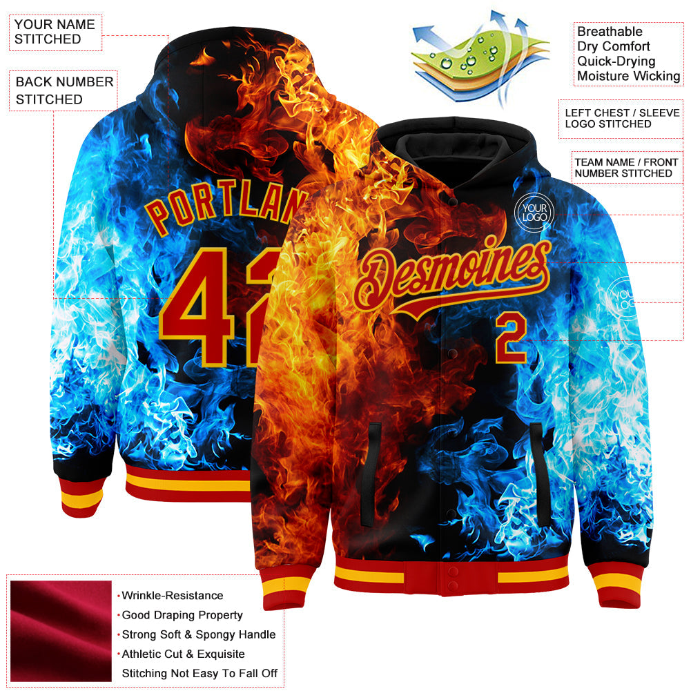 Custom Red Gold Black-Lakes Blue Flame 3D Pattern Design Bomber Full-Snap Varsity Letterman Hoodie Jacket view 3