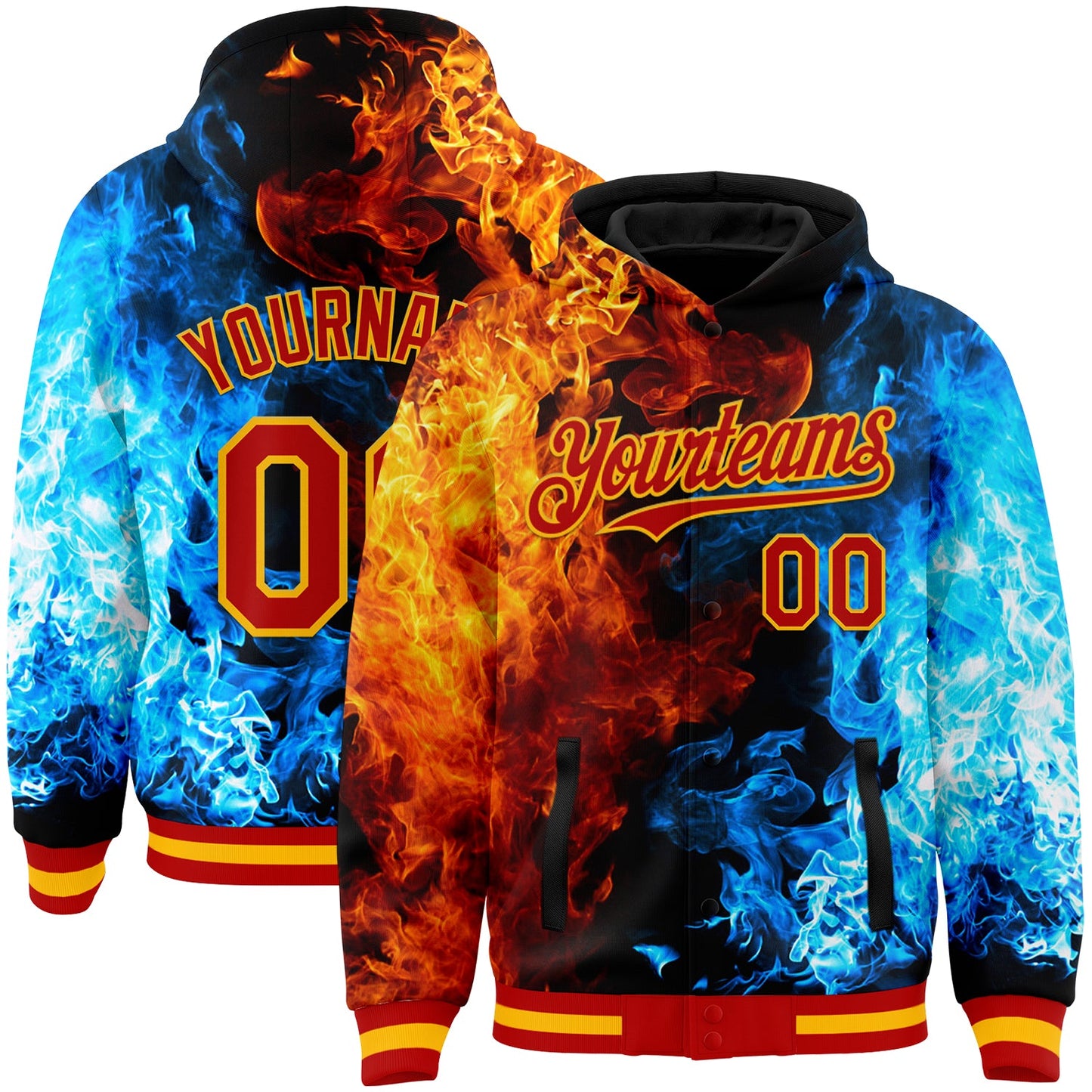 Custom Red Gold Black-Lakes Blue Flame 3D Pattern Design Bomber Full-Snap Varsity Letterman Hoodie Jacket - Main View