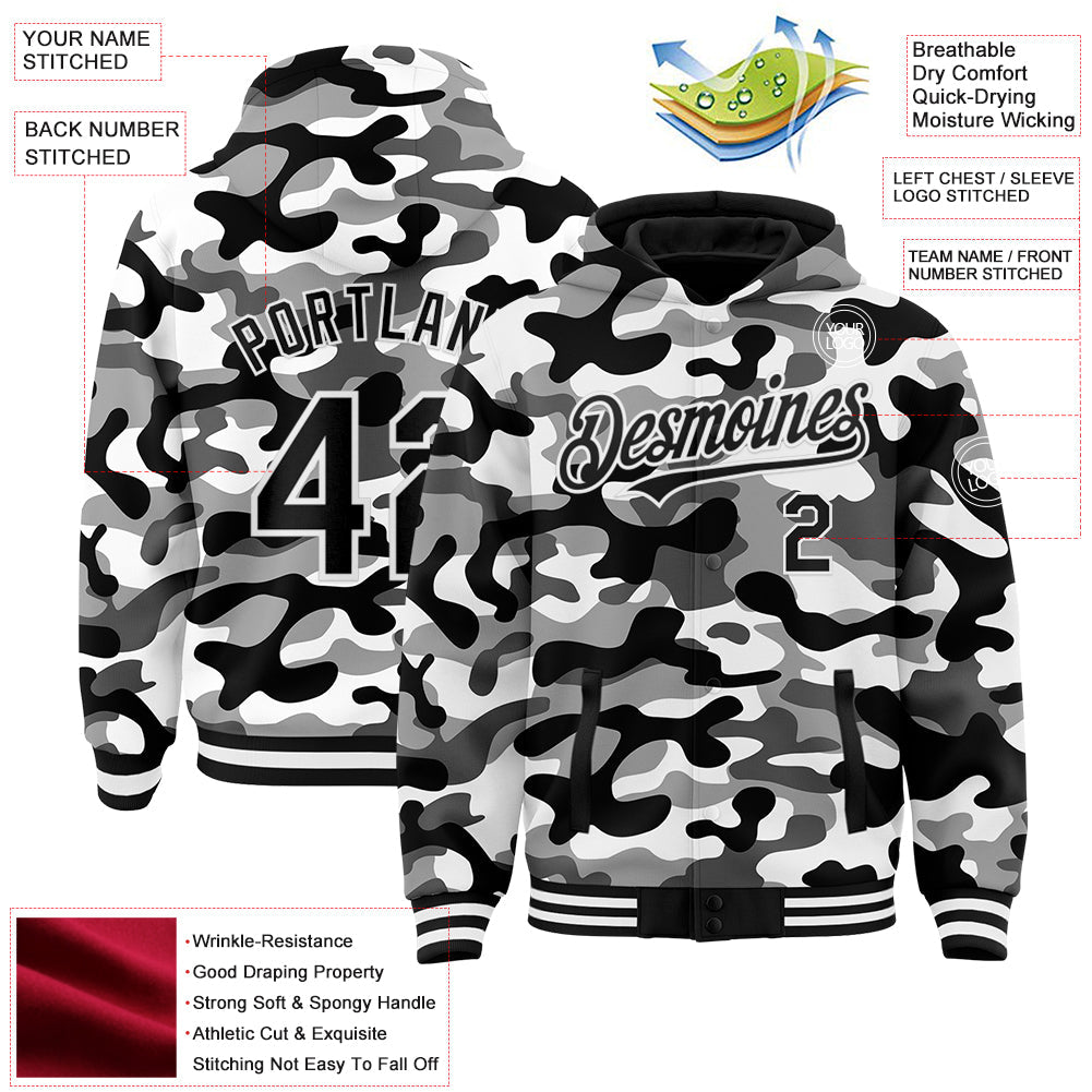 Custom Camo Black-White 3D Bomber Full-Snap Varsity Letterman Salute To Service Hoodie Jacket view 3