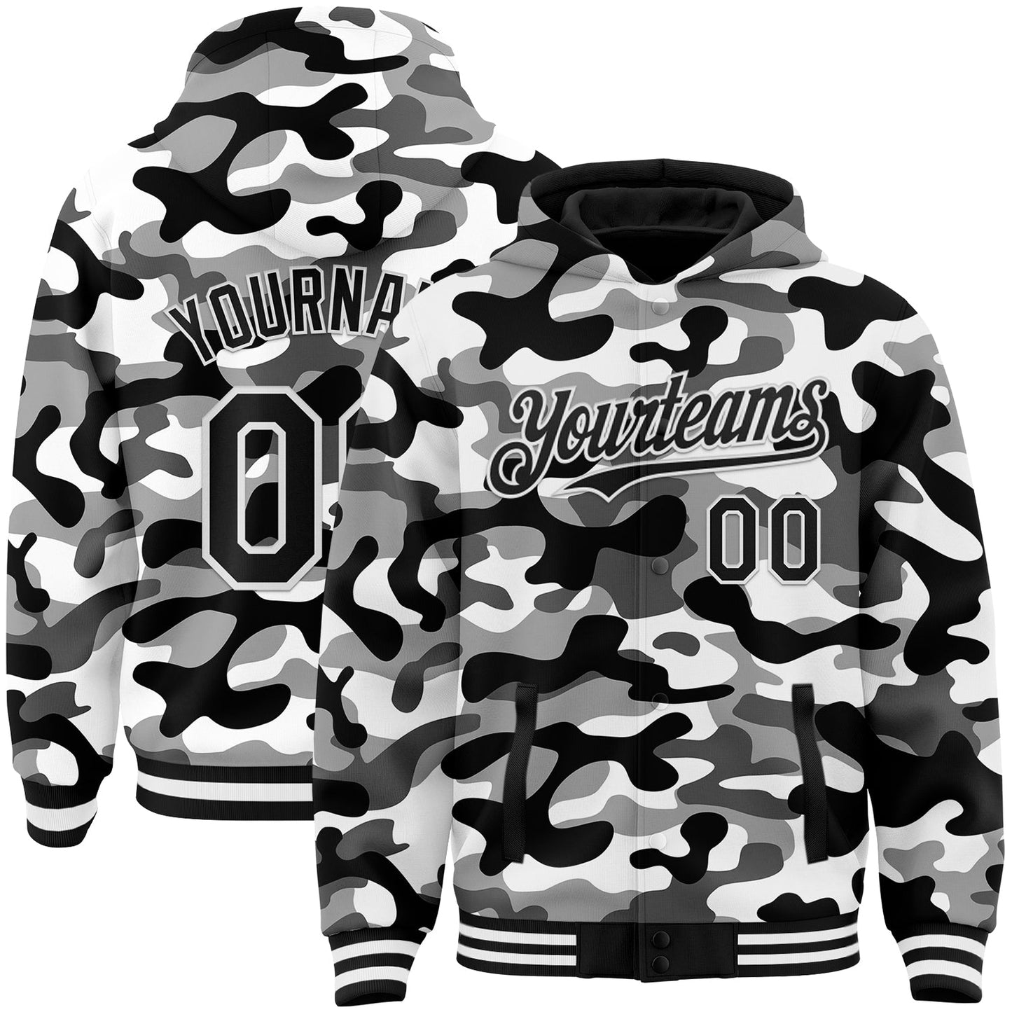 Custom Camo Black-White 3D Bomber Full-Snap Varsity Letterman Salute To Service Hoodie Jacket - Main View