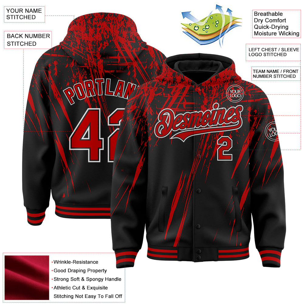 Custom Black Red-White Splash 3D Pattern Design Bomber Full-Snap Varsity Letterman Hoodie Jacket view 3