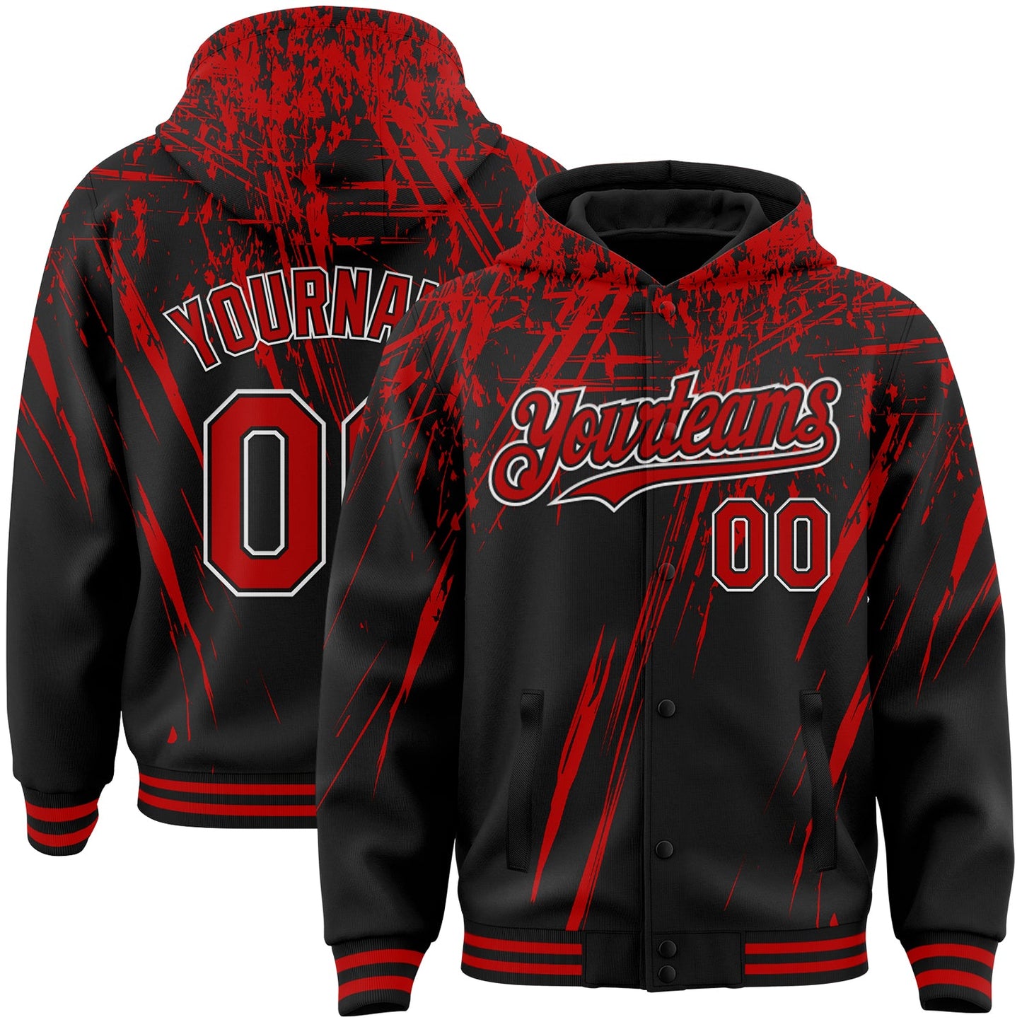 Custom Black Red-White Splash 3D Pattern Design Bomber Full-Snap Varsity Letterman Hoodie Jacket - Main View