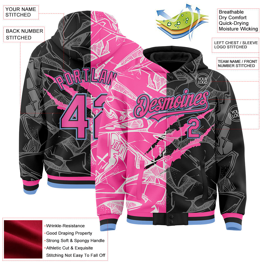 Custom Graffiti Pattern Pink Black-Light Blue Scratch 3D Bomber Full-Snap Varsity Letterman Hoodie Jacket view 3