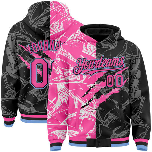Custom Graffiti Pattern Pink Black-Light Blue Scratch 3D Bomber Full-Snap Varsity Letterman Hoodie Jacket - Main View