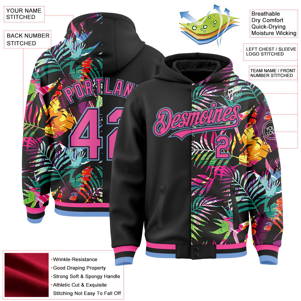 Custom Black Pink-Light Blue Tropical Palm Leaves 3D Pattern Design Bomber Full-Snap Varsity Letterman Hoodie Jacket view 3