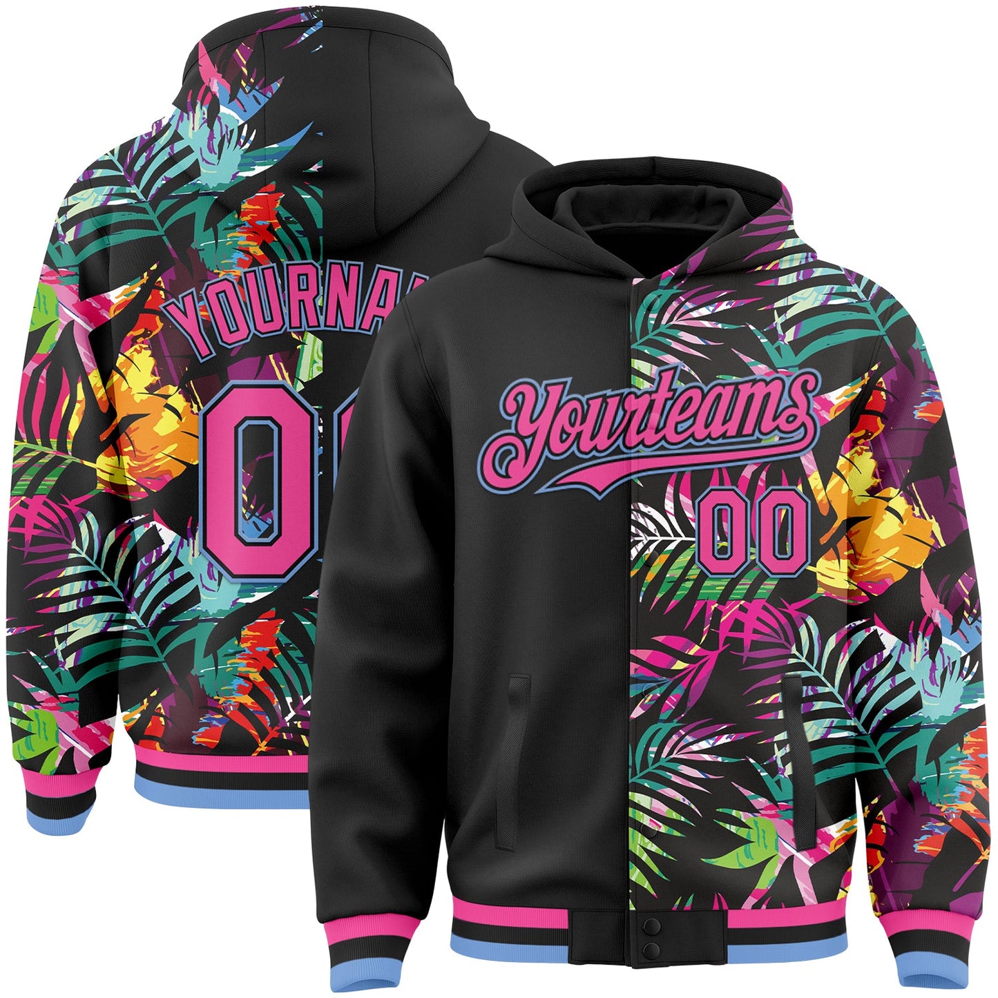 Custom Black Pink-Light Blue Tropical Palm Leaves 3D Pattern Design Bomber Full-Snap Varsity Letterman Hoodie Jacket - Main View