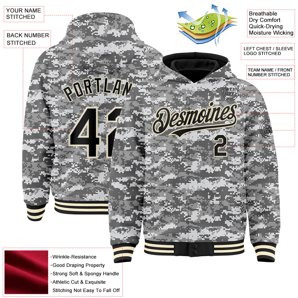 Custom Camo Black-Cream 3D Bomber Full-Snap Varsity Letterman Salute To Service Hoodie Jacket view 3