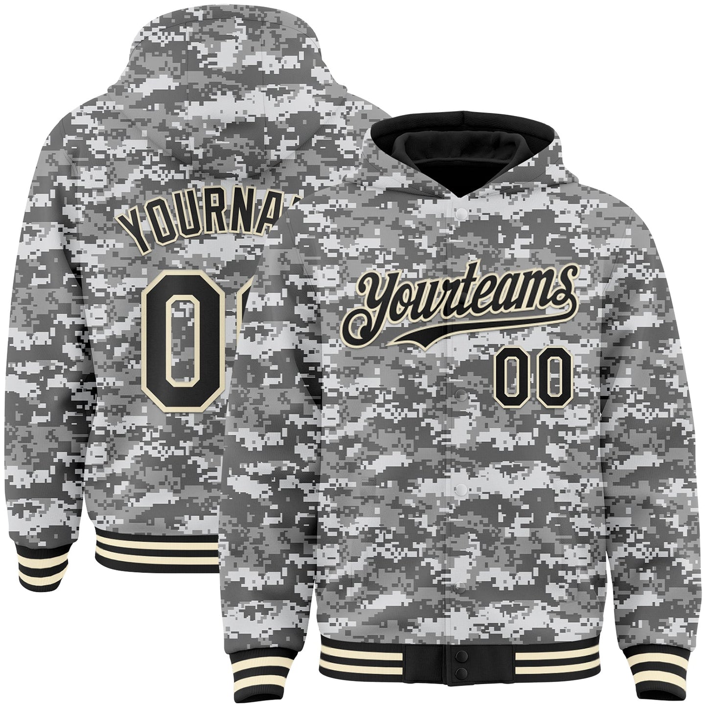 Custom Camo Black-Cream 3D Bomber Full-Snap Varsity Letterman Salute To Service Hoodie Jacket - Main View