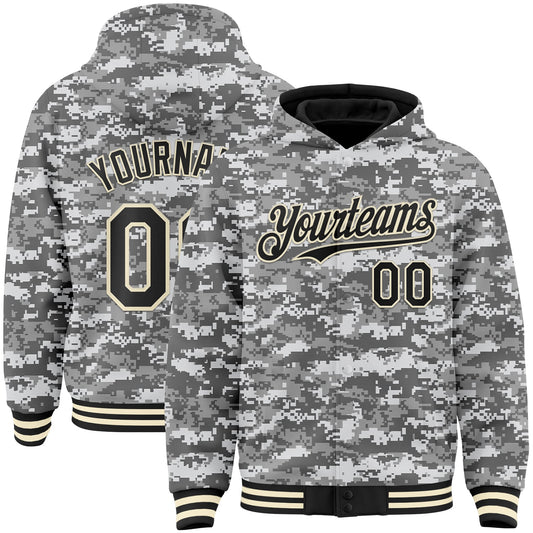 Custom Camo Black-Cream 3D Bomber Full-Snap Varsity Letterman Salute To Service Hoodie Jacket - Main View