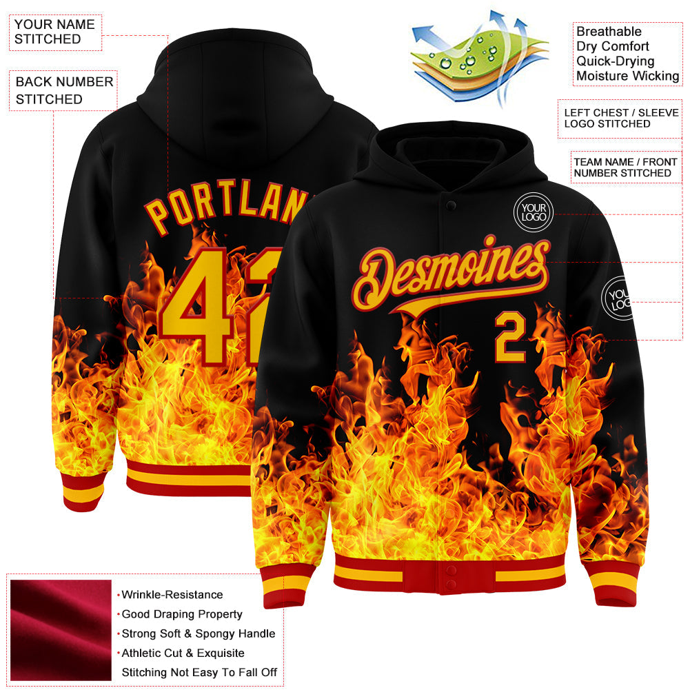 Custom Black Gold-Red Flame 3D Pattern Design Bomber Full-Snap Varsity Letterman Hoodie Jacket view 3