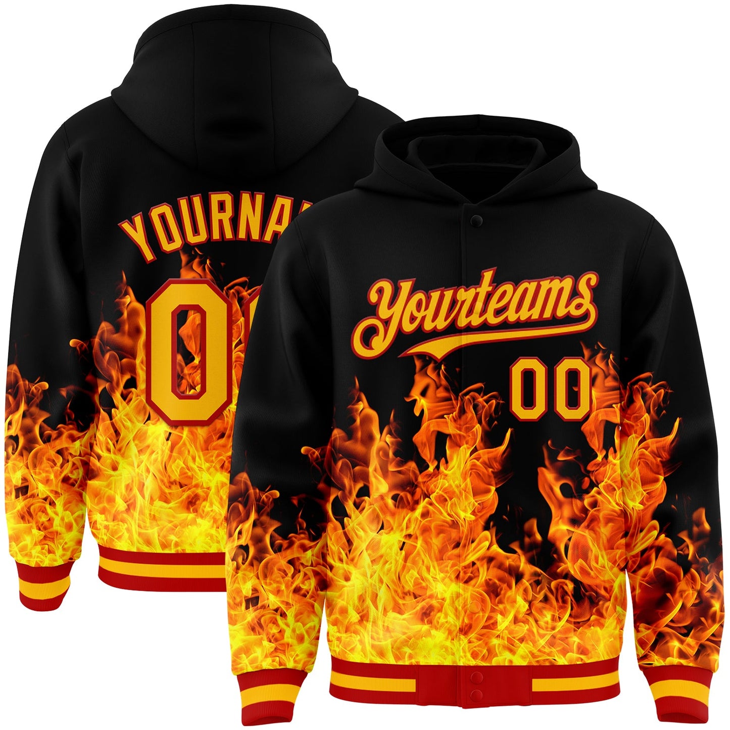 Custom Black Gold-Red Flame 3D Pattern Design Bomber Full-Snap Varsity Letterman Hoodie Jacket - Main View