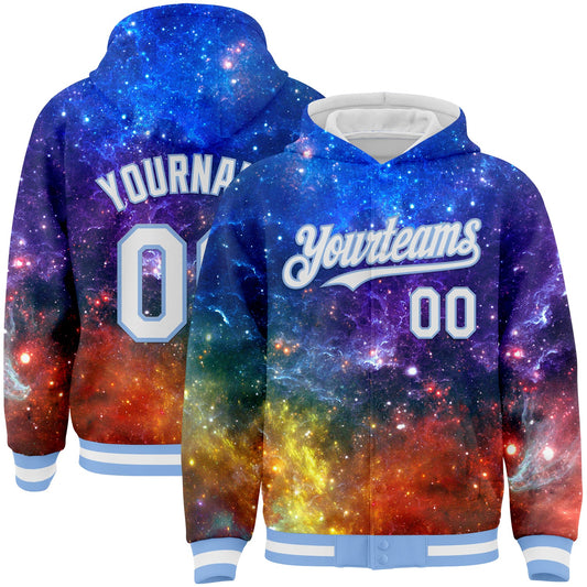 Custom Galactic White-Light Blue 3D Bomber Full-Snap Varsity Letterman Hoodie Jacket - Main View