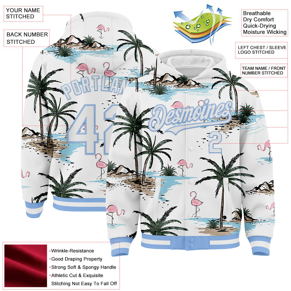 Custom White Light Blue Tropical Hawaii Palm Trees 3D Bomber Full-Snap Varsity Letterman Hoodie Jacket view 3