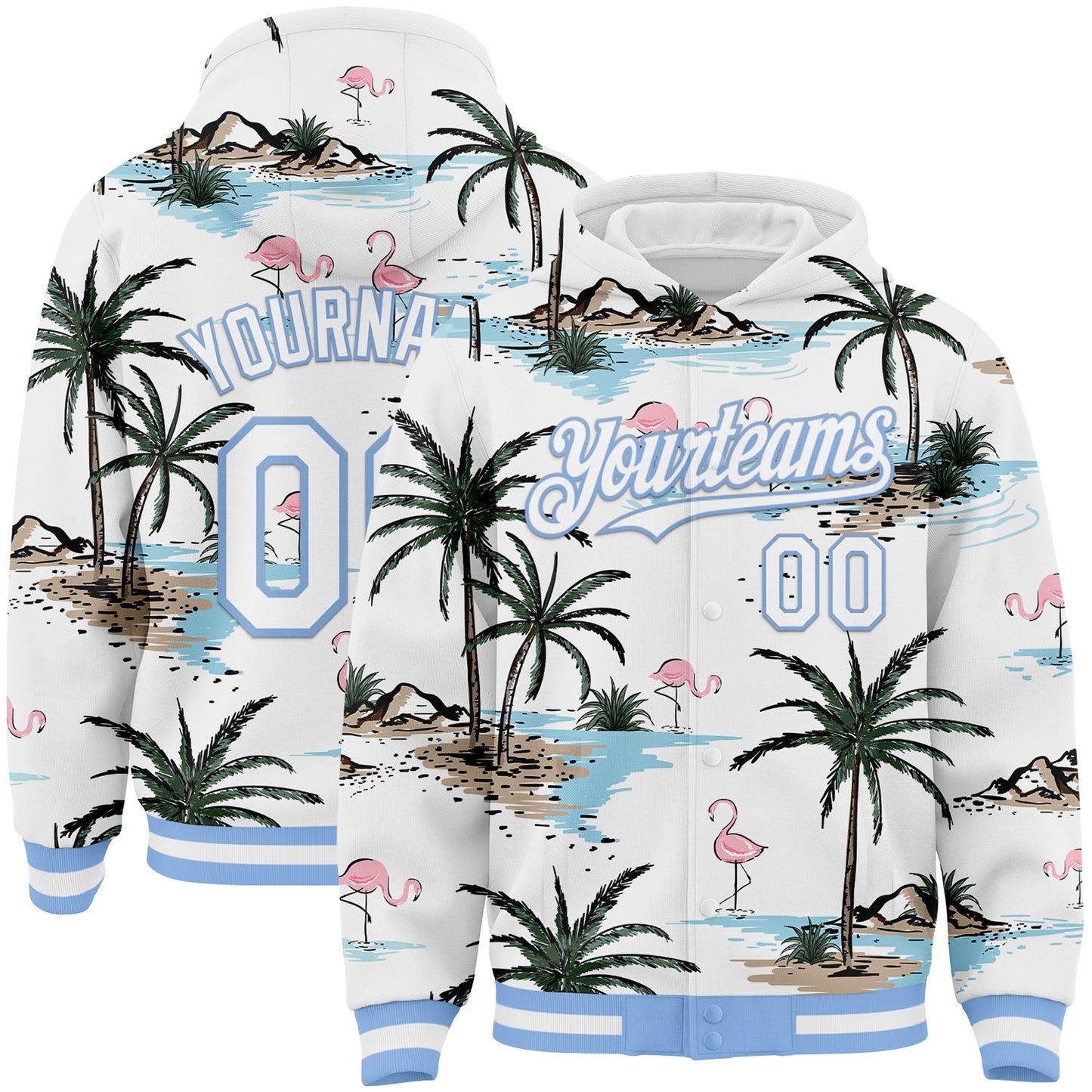 Custom White Light Blue Tropical Hawaii Palm Trees 3D Bomber Full-Snap Varsity Letterman Hoodie Jacket - Main View