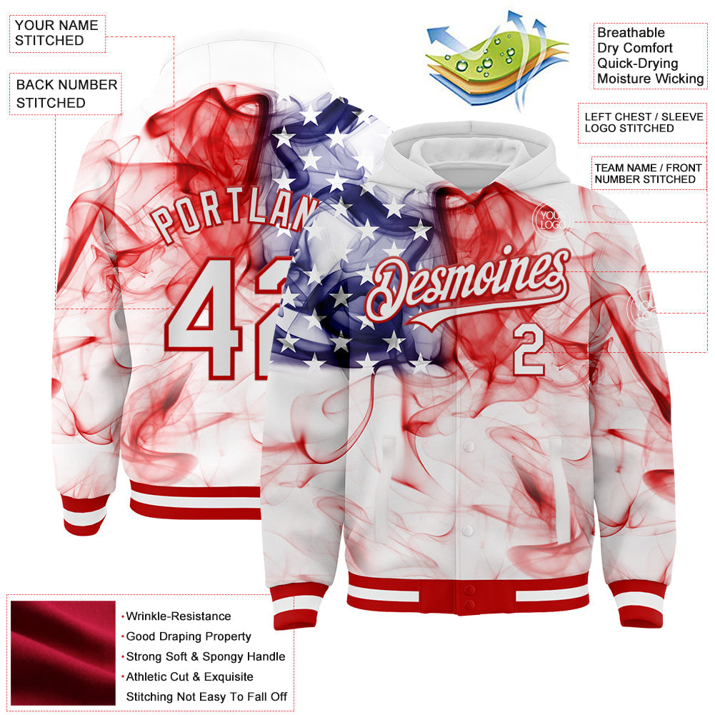 Custom White Red-Royal American Flag Fashion 3D Bomber Full-Snap Varsity Letterman Hoodie Jacket view 3