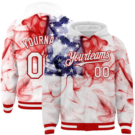Custom White Red-Royal American Flag Fashion 3D Bomber Full-Snap Varsity Letterman Hoodie Jacket - Main View