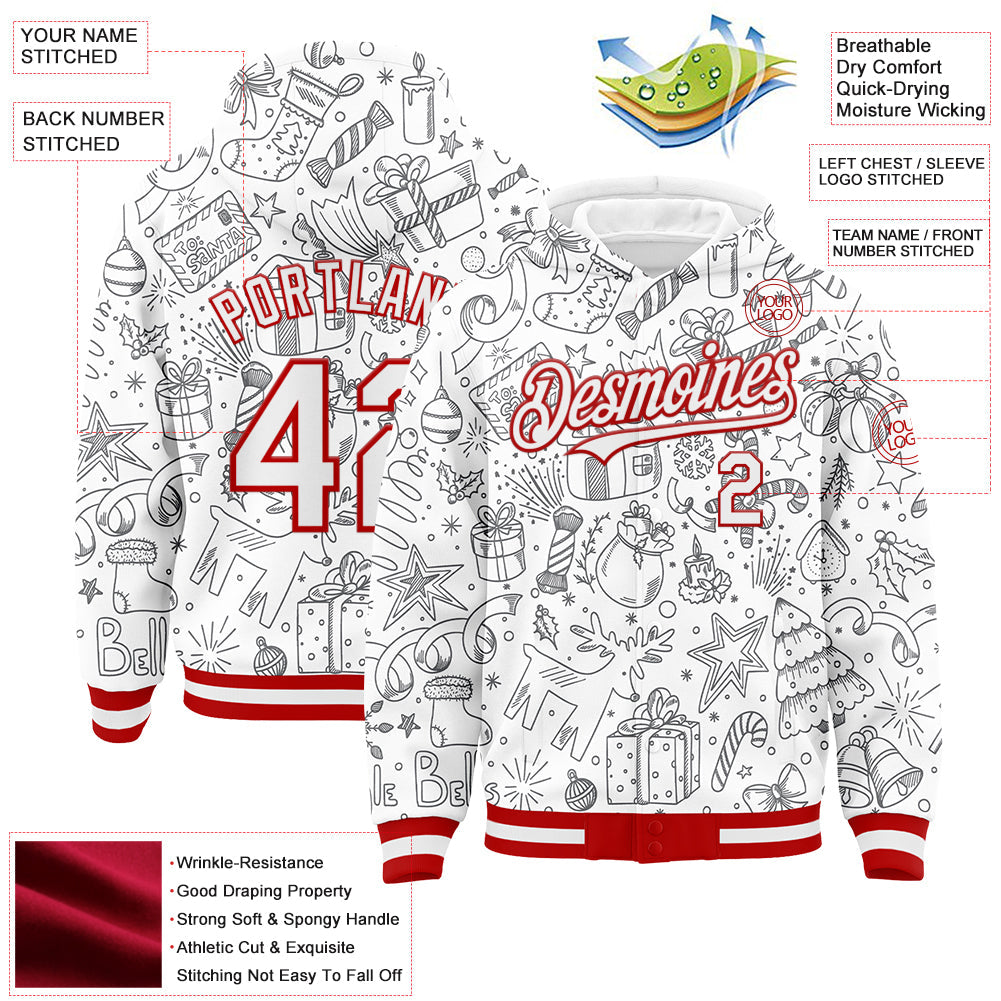 Custom White Red Christmas 3D Bomber Full-Snap Varsity Letterman Hoodie Jacket view 3