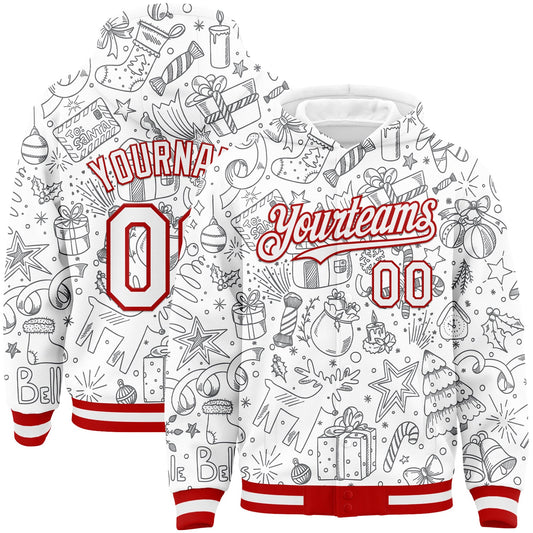Custom White Red Christmas 3D Bomber Full-Snap Varsity Letterman Hoodie Jacket - Main View