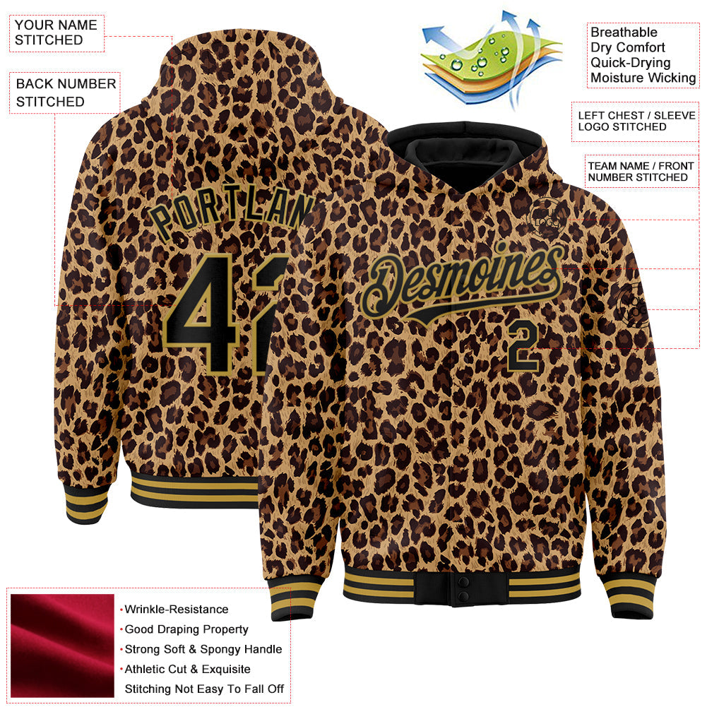 Custom Brown Black-Old Gold Leopard Print 3D Pattern Design Bomber Full-Snap Varsity Letterman Hoodie Jacket view 3