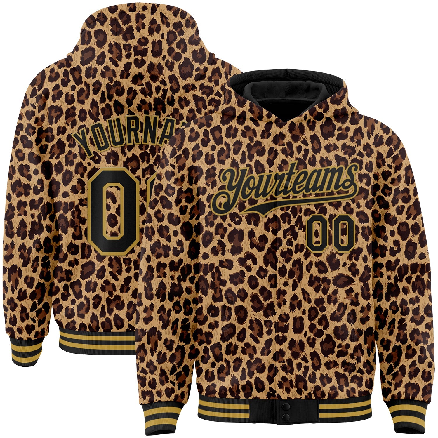 Custom Brown Black-Old Gold Leopard Print 3D Pattern Design Bomber Full-Snap Varsity Letterman Hoodie Jacket - Main View