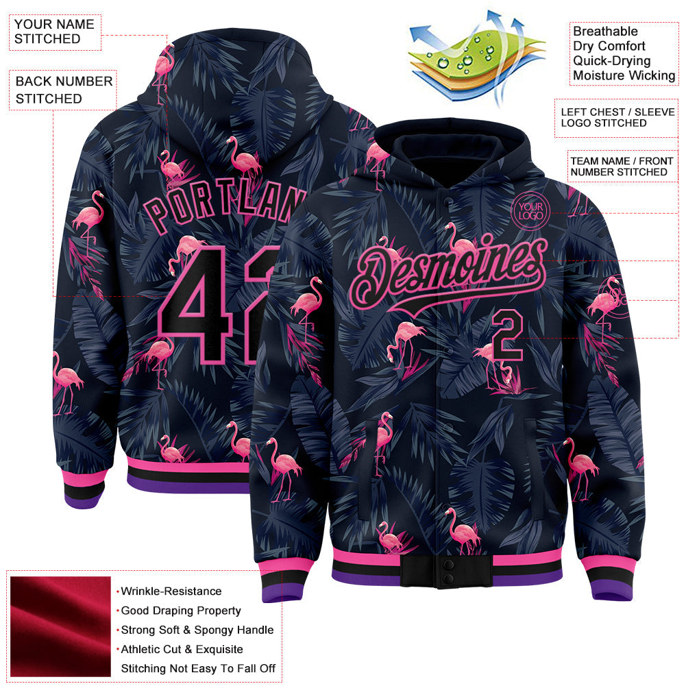 Custom Black Pink Flamingo 3D Pattern Design Bomber Full-Snap Varsity Letterman Hoodie Jacket view 3
