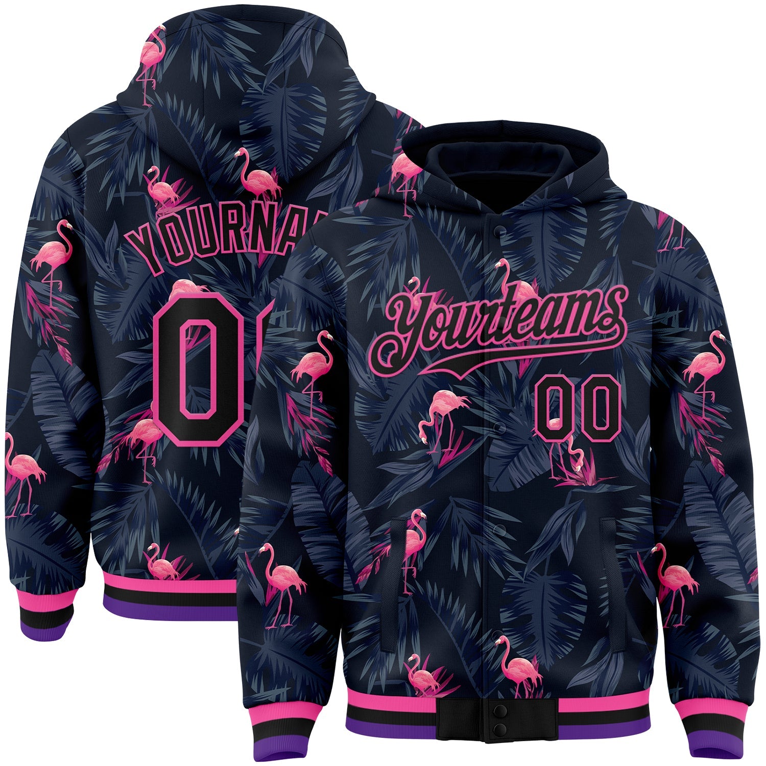 Custom Black Pink Flamingo 3D Pattern Design Bomber Full-Snap Varsity Letterman Hoodie Jacket - Main View