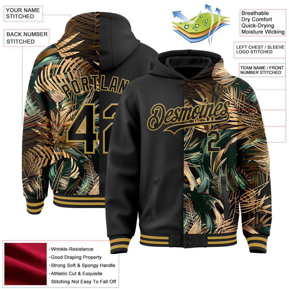 Custom Black Old Gold Tropical Hawaii Jungle Leaves 3D Bomber Full-Snap Varsity Letterman Hoodie Jacket view 3