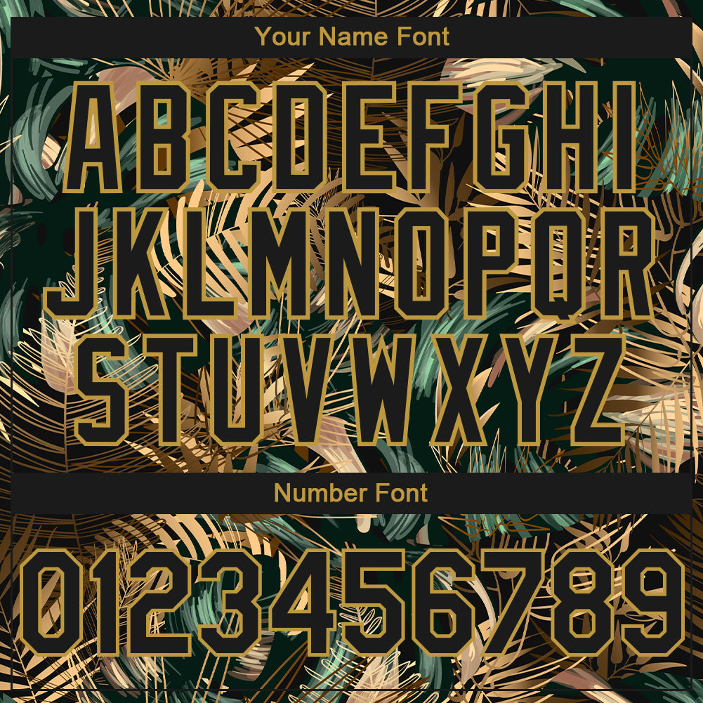 Custom Black Old Gold Tropical Hawaii Jungle Leaves 3D Bomber Full-Snap Varsity Letterman Hoodie Jacket view 5