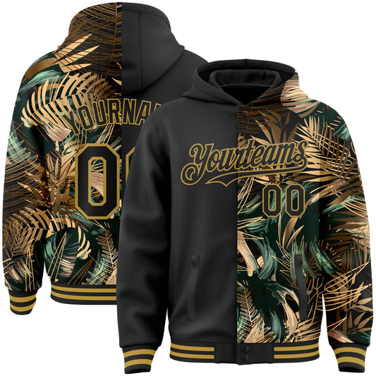 Custom Black Old Gold Tropical Hawaii Jungle Leaves 3D Bomber Full-Snap Varsity Letterman Hoodie Jacket - Main View