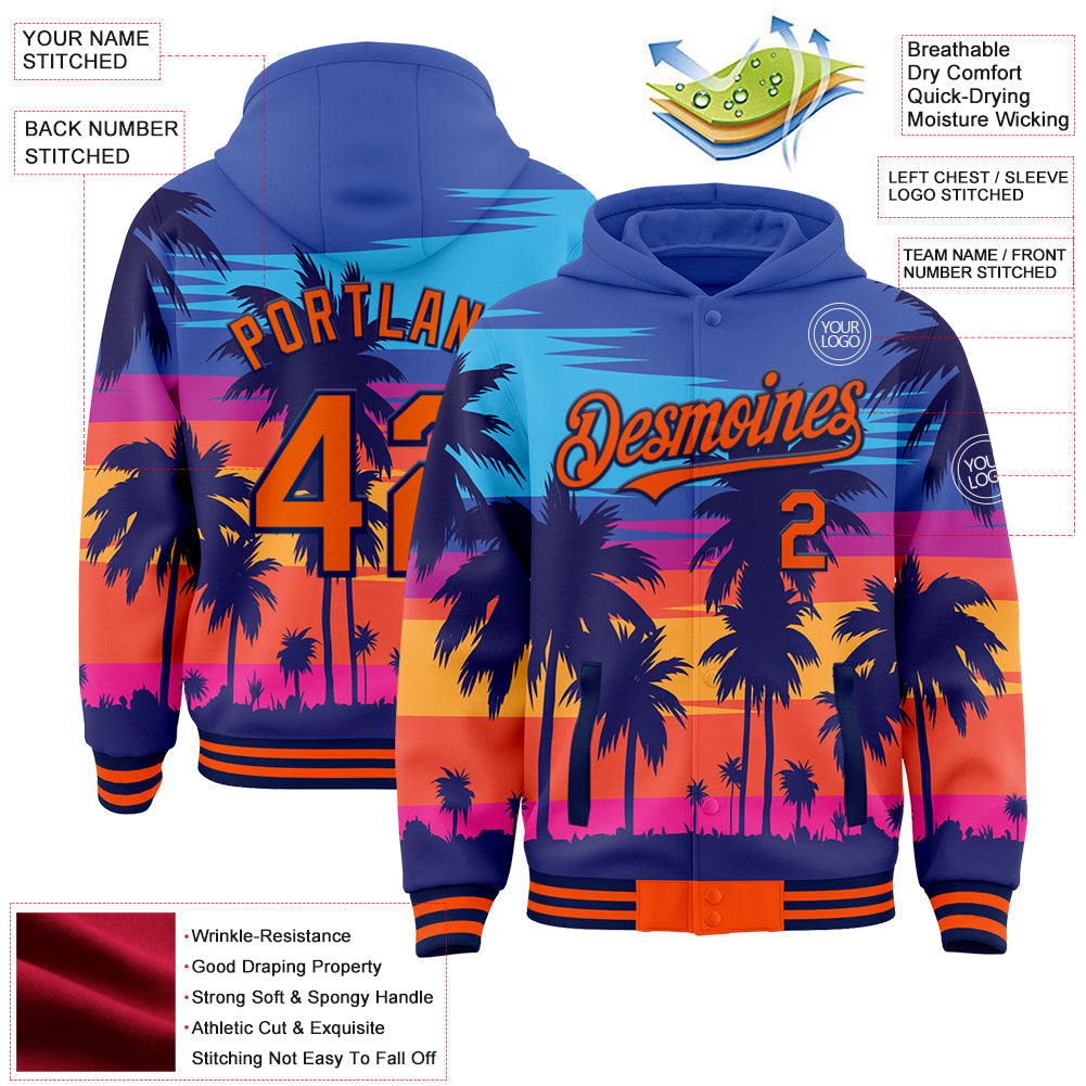 Custom Royal Orange-Navy Tropical Hawaii Palm Trees 3D Bomber Full-Snap Varsity Letterman Hoodie Jacket view 3