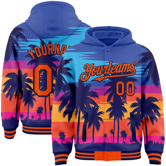 Custom Royal Orange-Navy Tropical Hawaii Palm Trees 3D Bomber Full-Snap Varsity Letterman Hoodie Jacket - Main View
