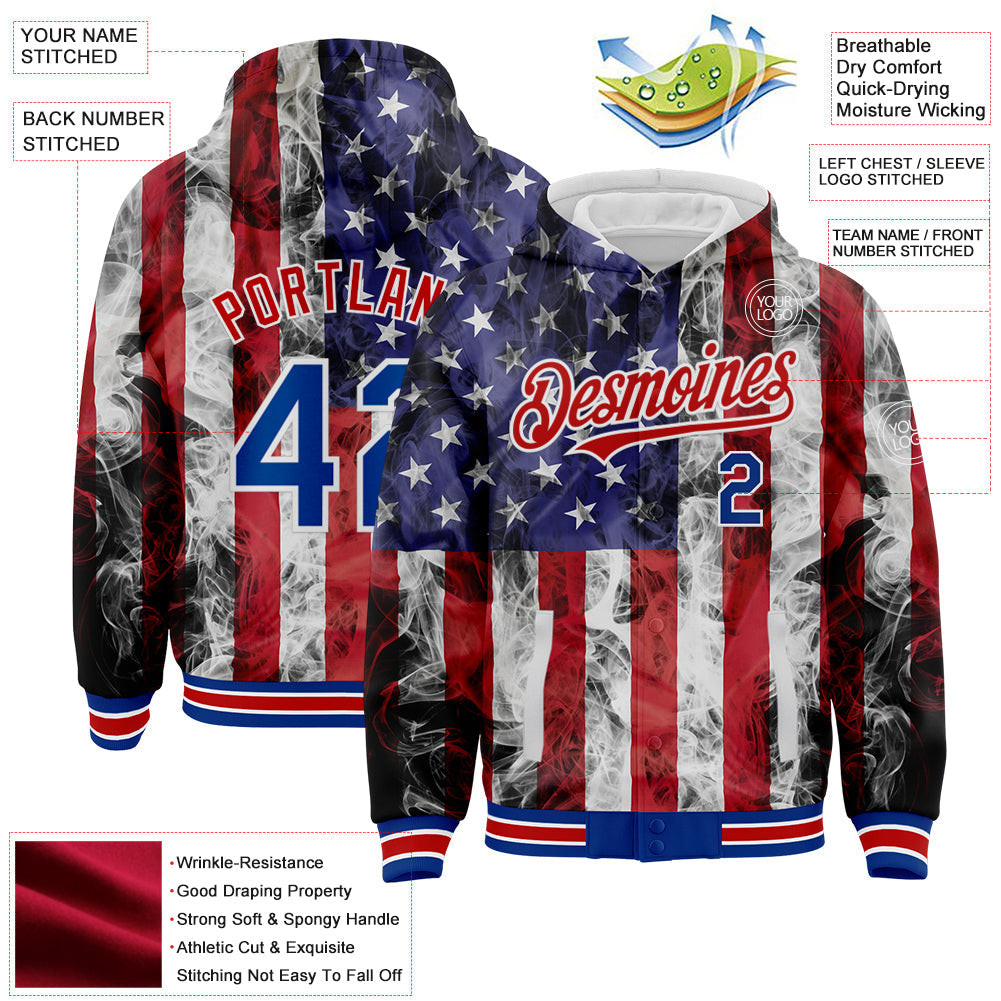 Custom White Royal-Red American Flag Fashion 3D Bomber Full-Snap Varsity Letterman Hoodie Jacket view 3