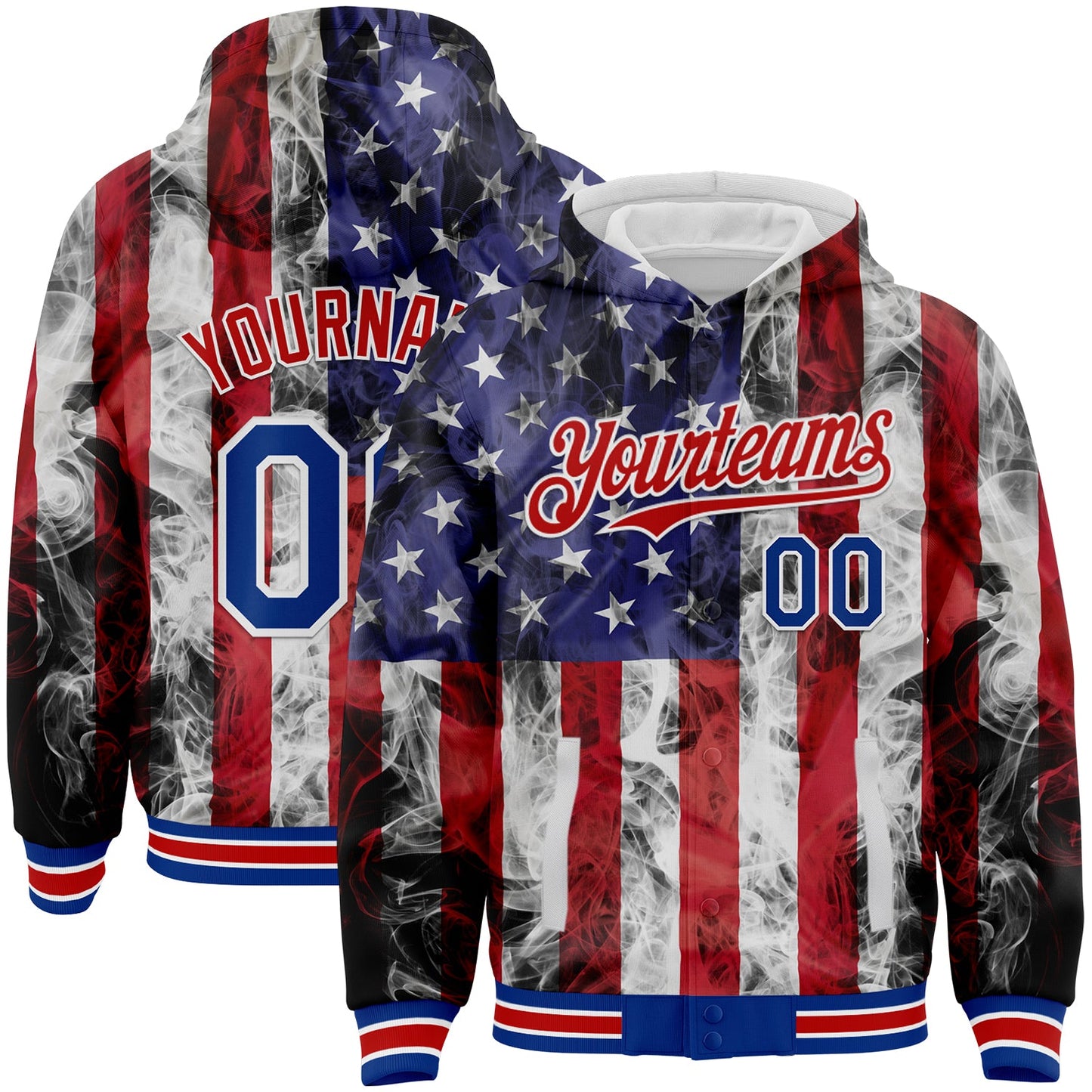 Custom White Royal-Red American Flag Fashion 3D Bomber Full-Snap Varsity Letterman Hoodie Jacket - Main View