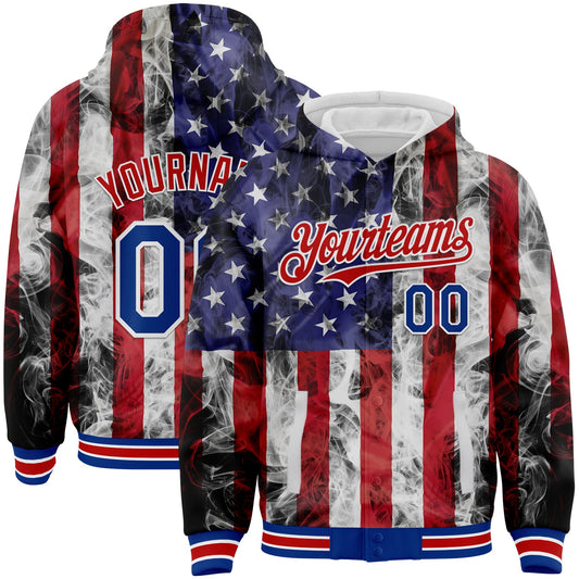 Custom White Royal-Red American Flag Fashion 3D Bomber Full-Snap Varsity Letterman Hoodie Jacket - Main View