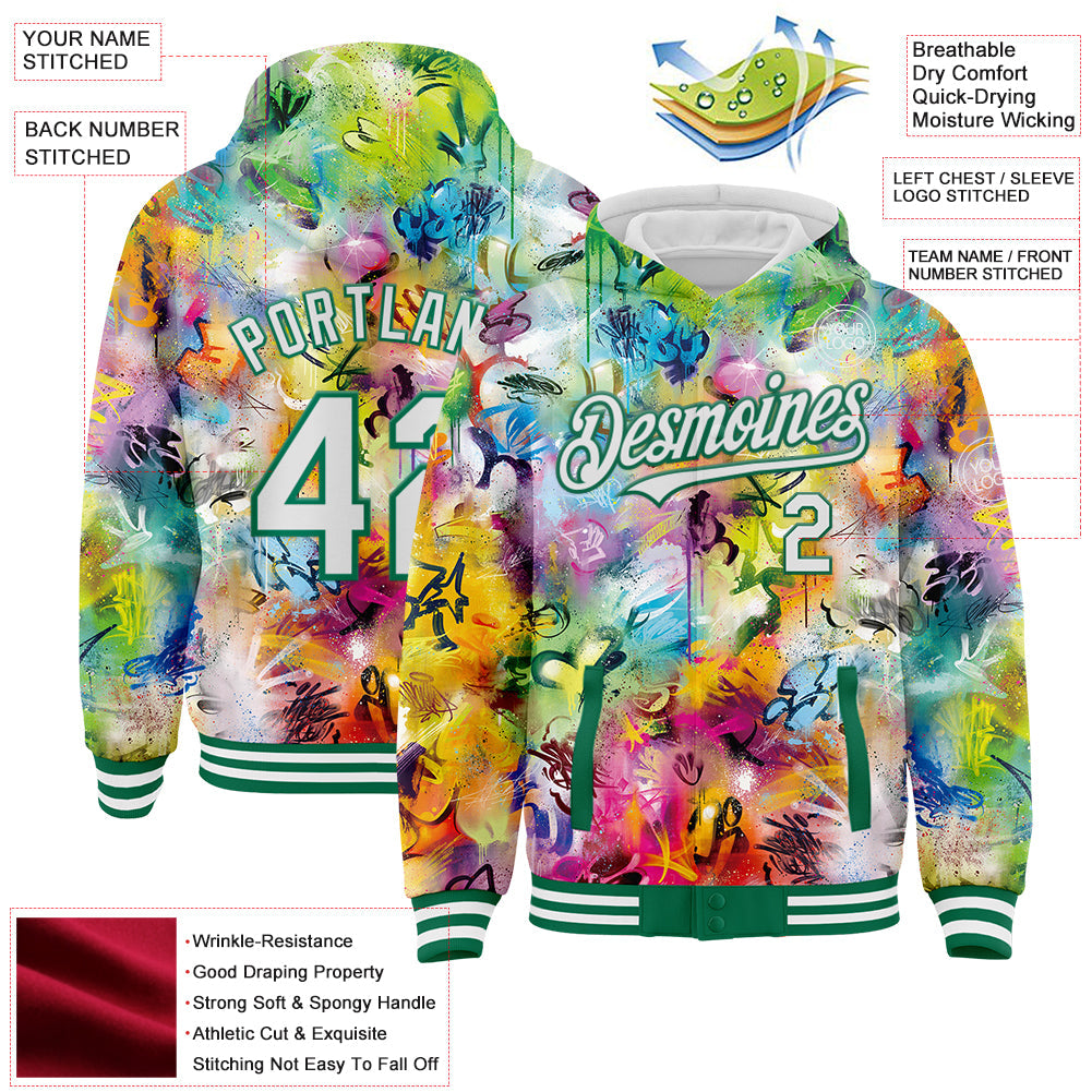 Custom Graffiti Pattern White-Kelly Green Splash 3D Bomber Full-Snap Varsity Letterman Hoodie Jacket view 3