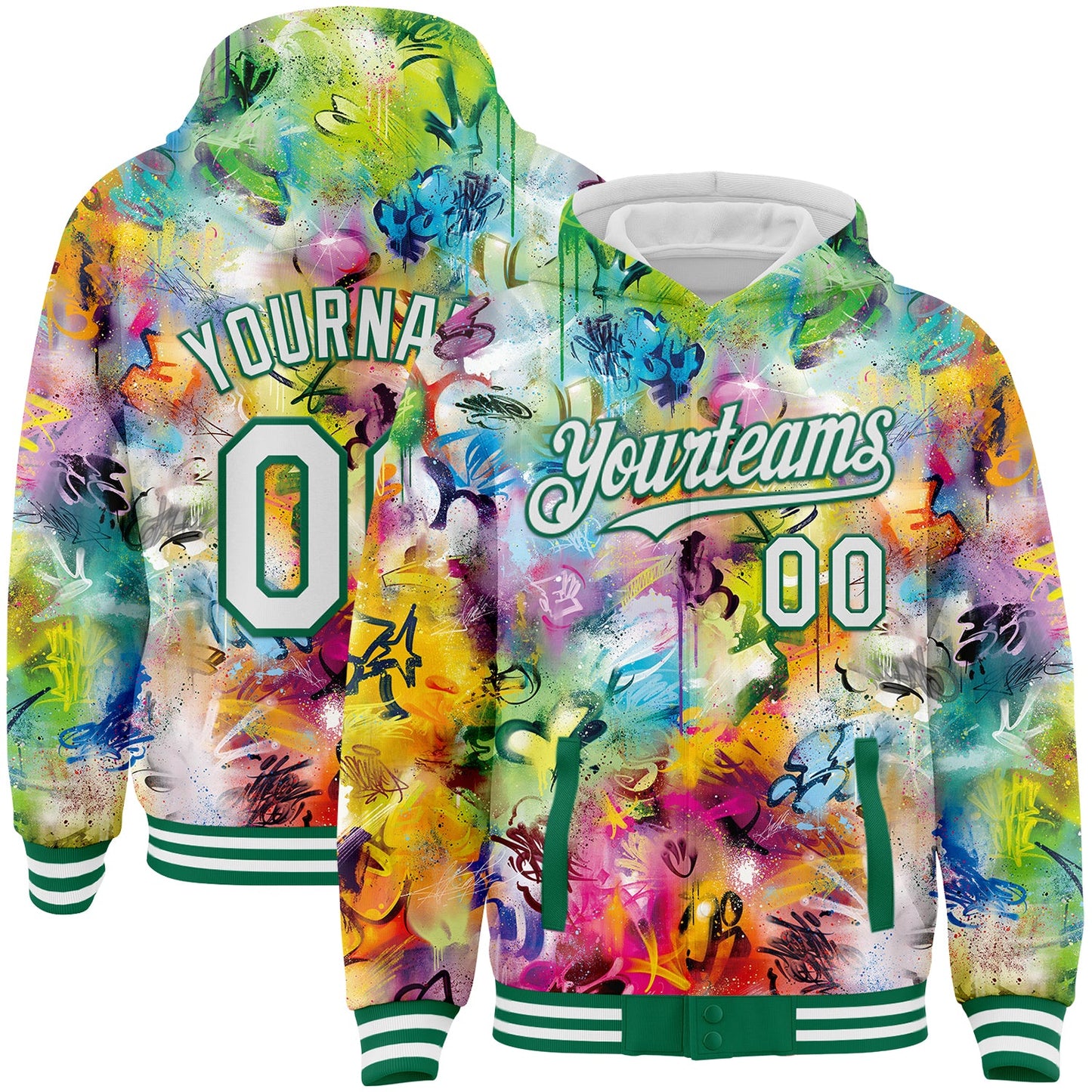 Custom Graffiti Pattern White-Kelly Green Splash 3D Bomber Full-Snap Varsity Letterman Hoodie Jacket - Main View
