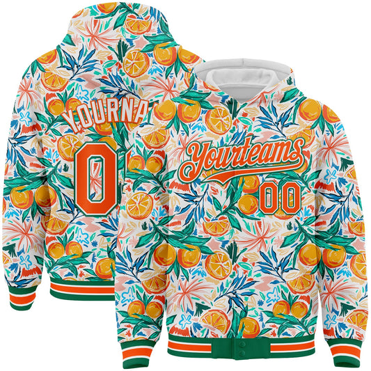 Custom White Orange-Kelly Green Fruit 3D Pattern Design Bomber Full-Snap Varsity Letterman Hoodie Jacket - Main View