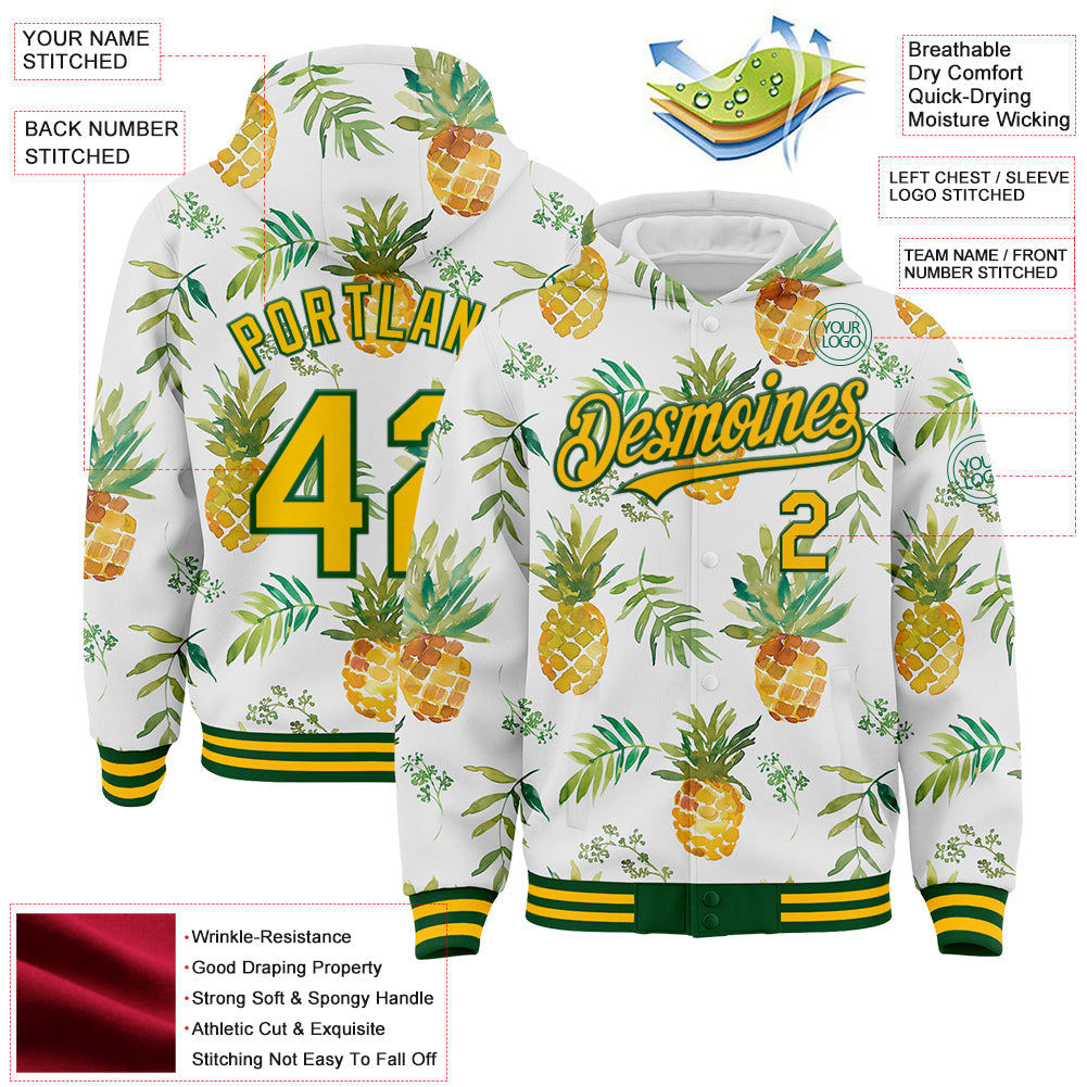 Custom White Gold-Green Tropical Hawaii Fruit Pineapple 3D Bomber Full-Snap Varsity Letterman Hoodie Jacket view 3