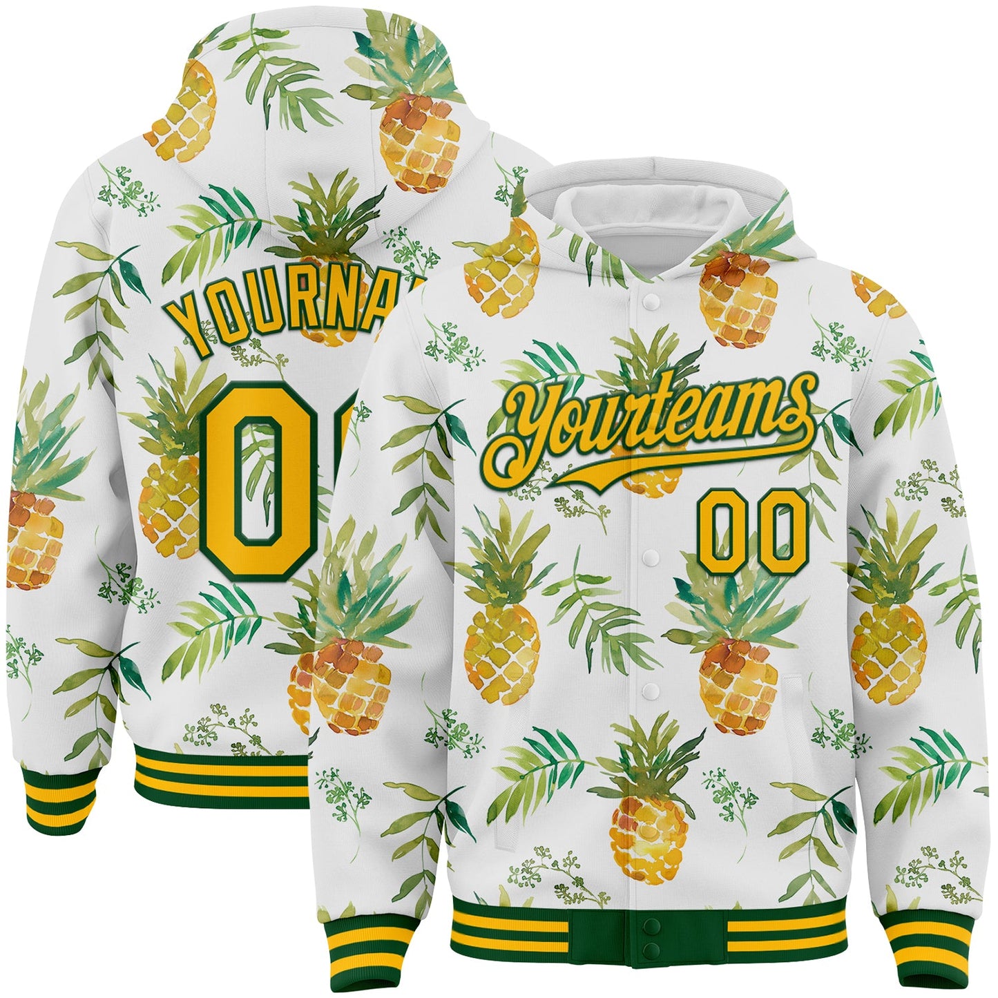 Custom White Gold-Green Tropical Hawaii Fruit Pineapple 3D Bomber Full-Snap Varsity Letterman Hoodie Jacket - Main View