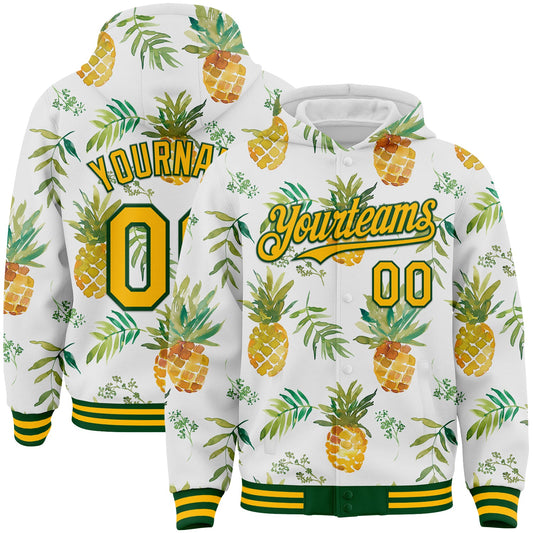 Custom White Gold-Green Tropical Hawaii Fruit Pineapple 3D Bomber Full-Snap Varsity Letterman Hoodie Jacket - Main View