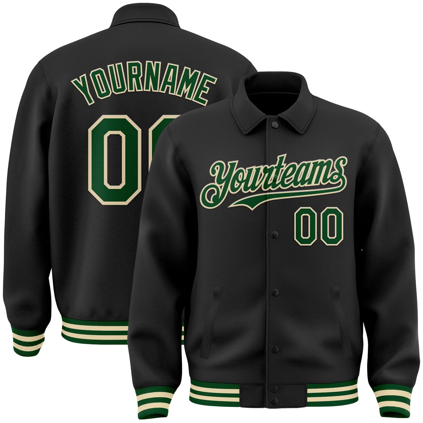 Custom Black Green-Cream Bomber Full-Snap Varsity Letterman Lapel Collar Byron Jacket - Main View