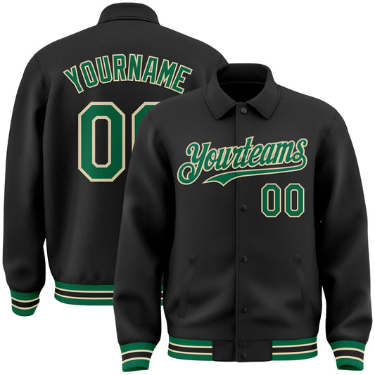 Custom Black Kelly Green-Cream Bomber Full-Snap Varsity Letterman Lapel Collar Byron Jacket - Main View
