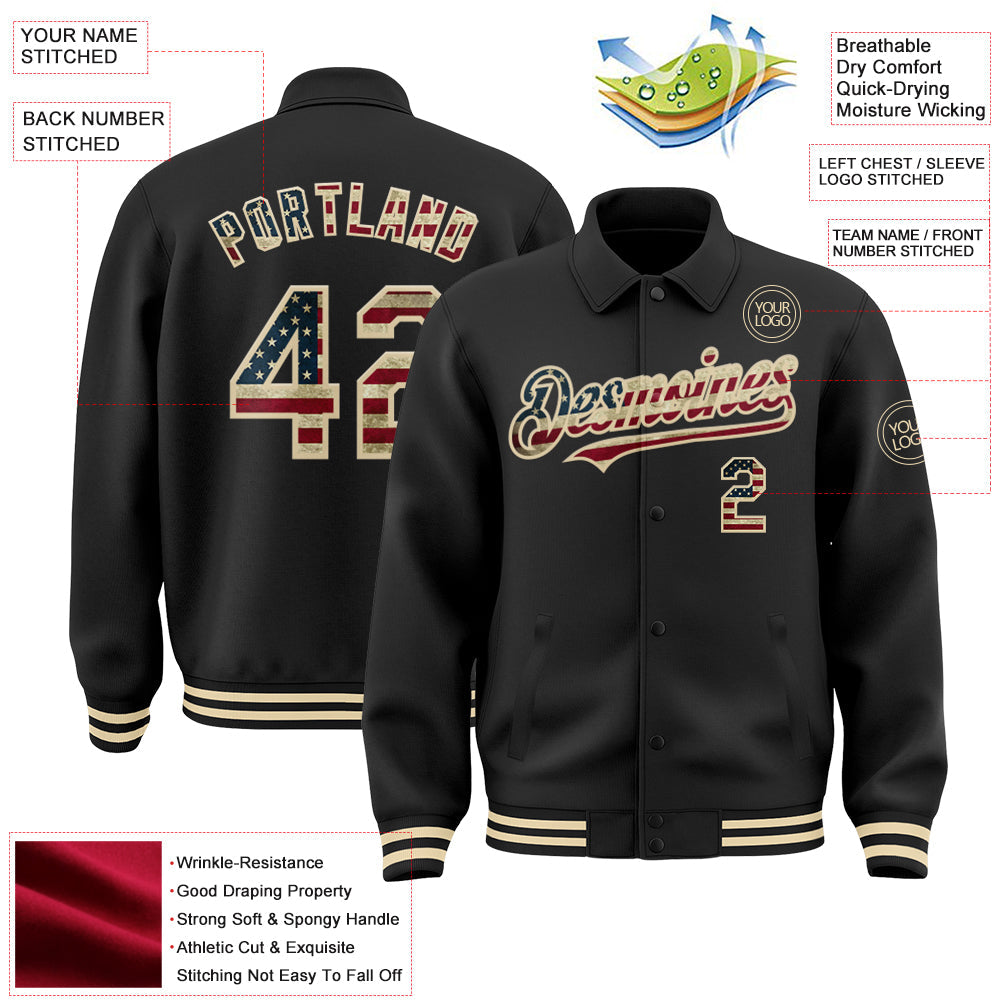 Custom Black Vintage USA Flag-Cream Bomber Full-Snap Varsity Letterman Lapel Collar Byron Jacket view 3