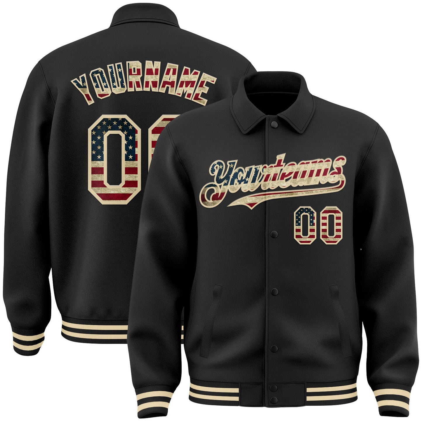 Custom Black Vintage USA Flag-Cream Bomber Full-Snap Varsity Letterman Lapel Collar Byron Jacket - Main View