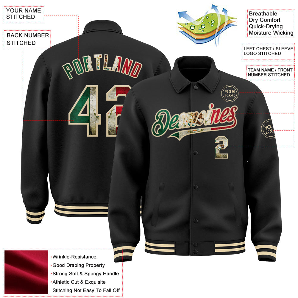 Custom Black Vintage Mexican Flag-Cream Bomber Full-Snap Varsity Letterman Lapel Collar Byron Jacket view 3